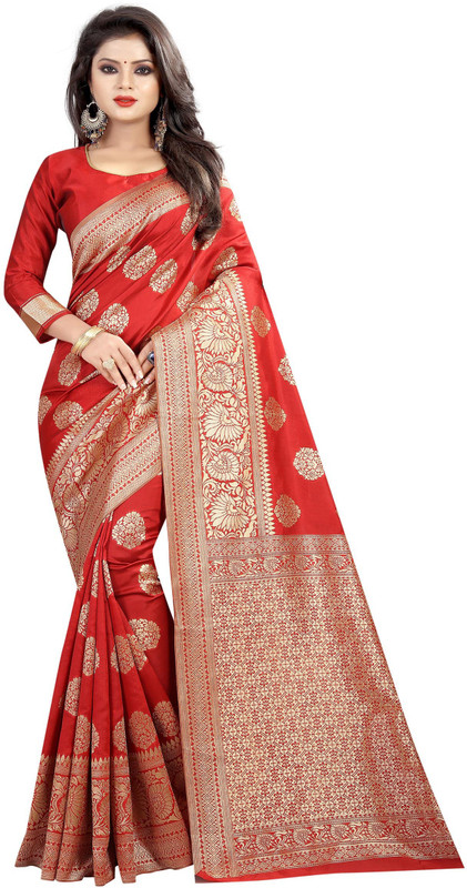shopivatestore Printed Banarasi Cotton Blend Saree(Red)