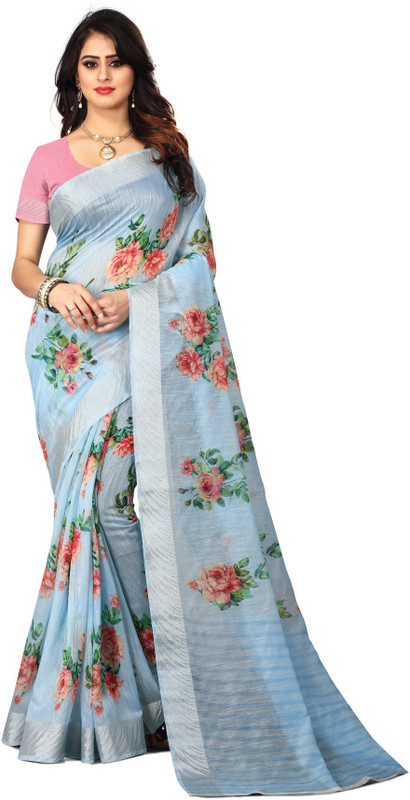 kankai Digital Print Bollywood Linen Saree(Blue)