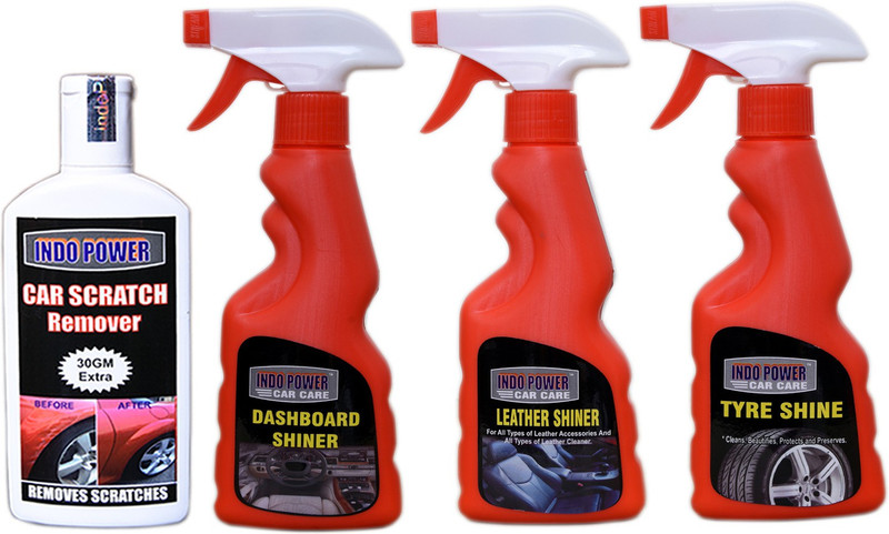 indopower LEATHER SHINER SPRAY 250ml+ DASHBOARD SHINER SPRAY 250ml+TYRE SHINER SPRAY 250ml+ scratch remover 100gm. Car Washing Liquid(850 ml)