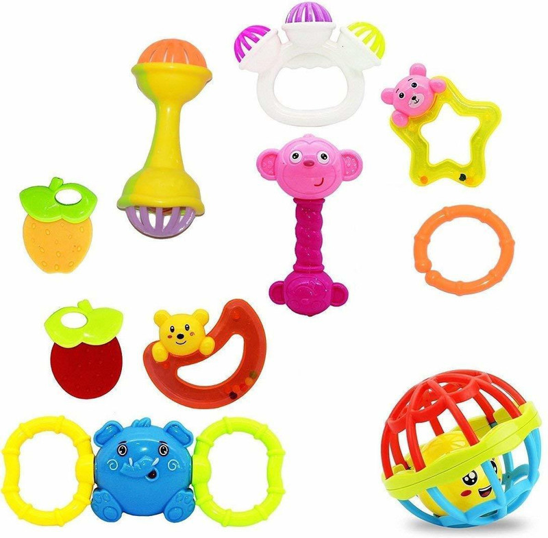 prisma collections 8PC Colourful Plastic Non Toxic Teether and Rattle for New Borns and Infants Free Baby Rattle(Multicolor)