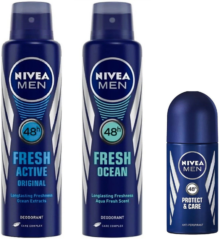 NIVEA Men Fresh Active Deo, Fresh Ocean Deo & Protect & Care Roll On(3 Items in the set)