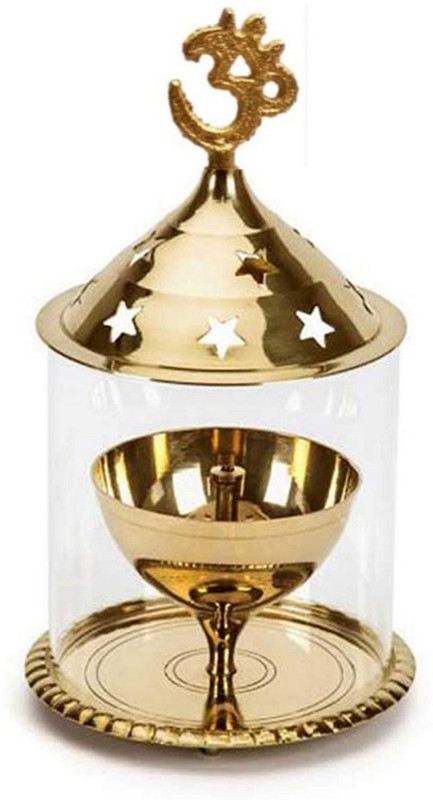 imagine decors Pure Brass Akhand Diya Large Size (Height 6.8 inch with Molded glass ) Super quality Brass Table Diya(Height: 6.8 inch)