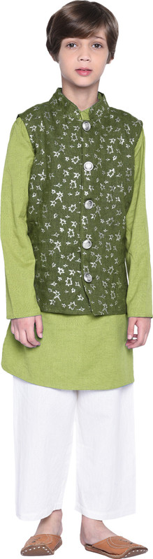 wondermom Girls Festive & Party, Wedding Kurta, Waistcoat and Pyjama Set(Green Pack of 3)