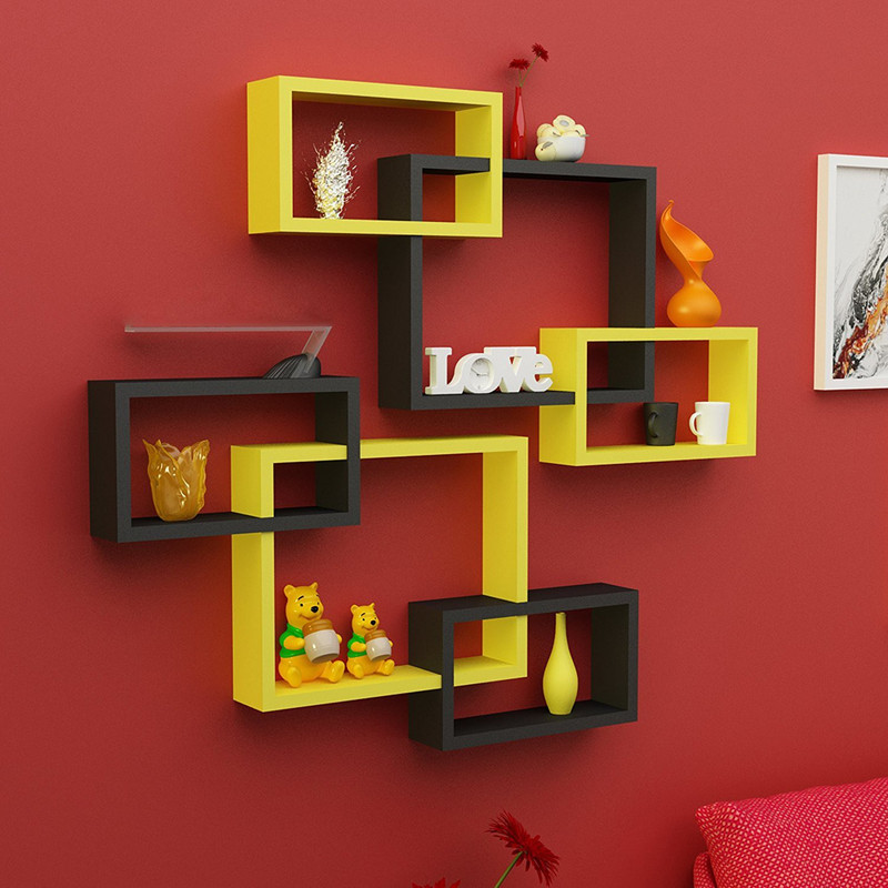 sunshine wood 6 Rectangular Intersecting Floating Wall Shelf MDF (Medium Density Fiber) Wall Shelf(Number of Shelves - 6, Black, Yellow)