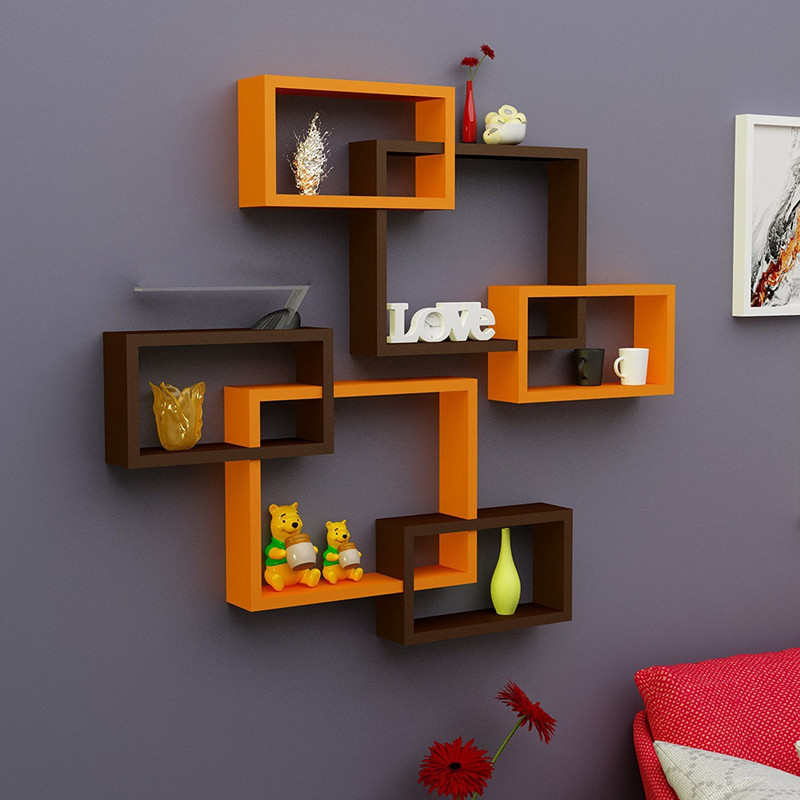 sunshine wood 6 Rectangular Intersecting Floating Wall Shelf MDF (Medium Density Fiber) Wall Shelf(Number of Shelves - 6, Brown, Orange)