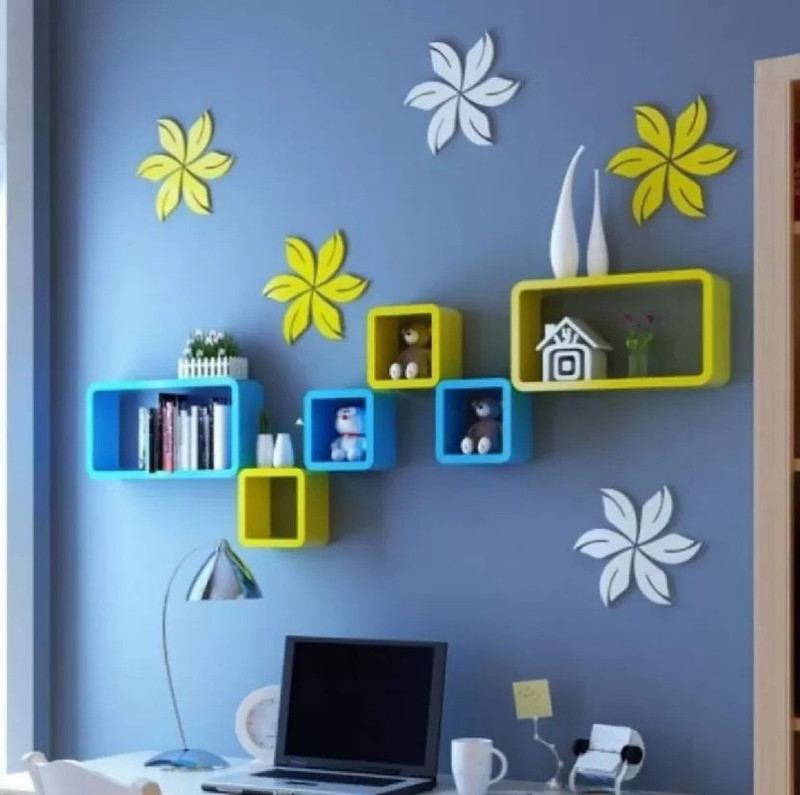 wood carver Cube Wlall Shelves Home Decor Wall Mount Racks Se 0f 6 Blue & Yellow MDF (Medium Density Fiber) Wall Shelf(Number of Shelves - 6, Yellow, Blue)