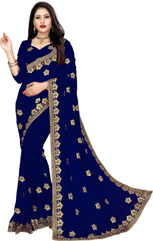 Om Shantam Sarees Embroidered Fashion Georgette, Poly Georgette Saree(Dark Blue)