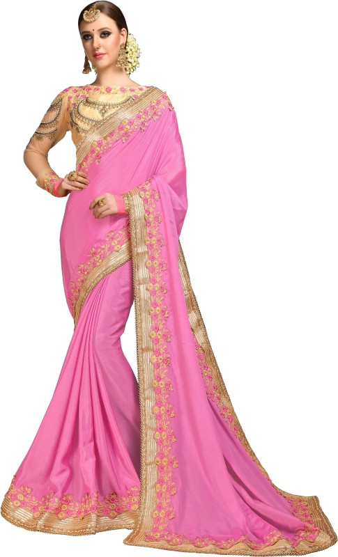 Availkart Embroidered Fashion Chiffon Saree(Pink, Beige)