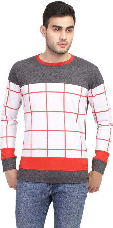 cool n comfort Checkered Men Round Neck Grey T-Shirt