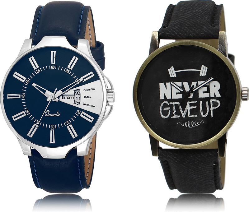 loretta Fresh Fashion Day & Date LR_23_27 Blue & Never Give Up Black Round Dial Couple Combo Smart Analog Watch  - For Men