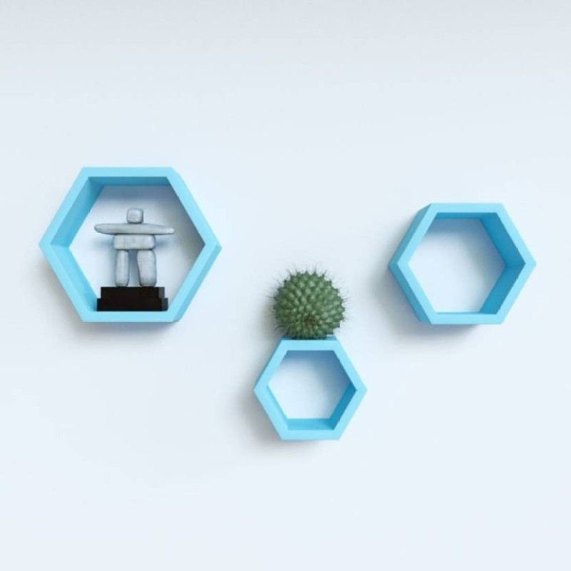 exterme wood decor hexagonal wall shelf Wooden Wall Shelf (Number of Shelves - 3, Blue) Wooden Wall Shelf(Number of Shelves - 3, Blue)