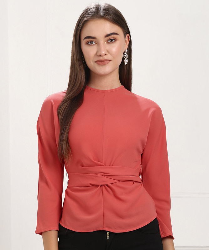 Kazo Party Regular Sleeve Solid Women Pink Top