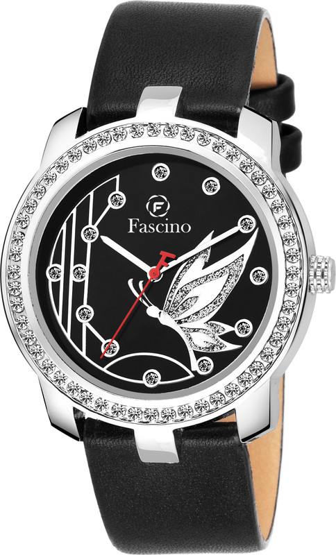 fascino Round Silver Diamond Watch WITH BLACK DIAL & PU LEATHER BELT FCW 2025-SL Analog Watch  - For Women