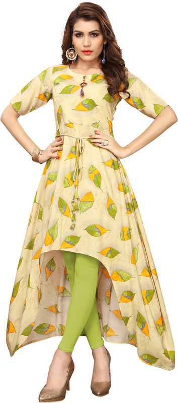 krisha print Festive & Party Self Design, Printed, Embellished Women Kurti(Gold, Light Green)