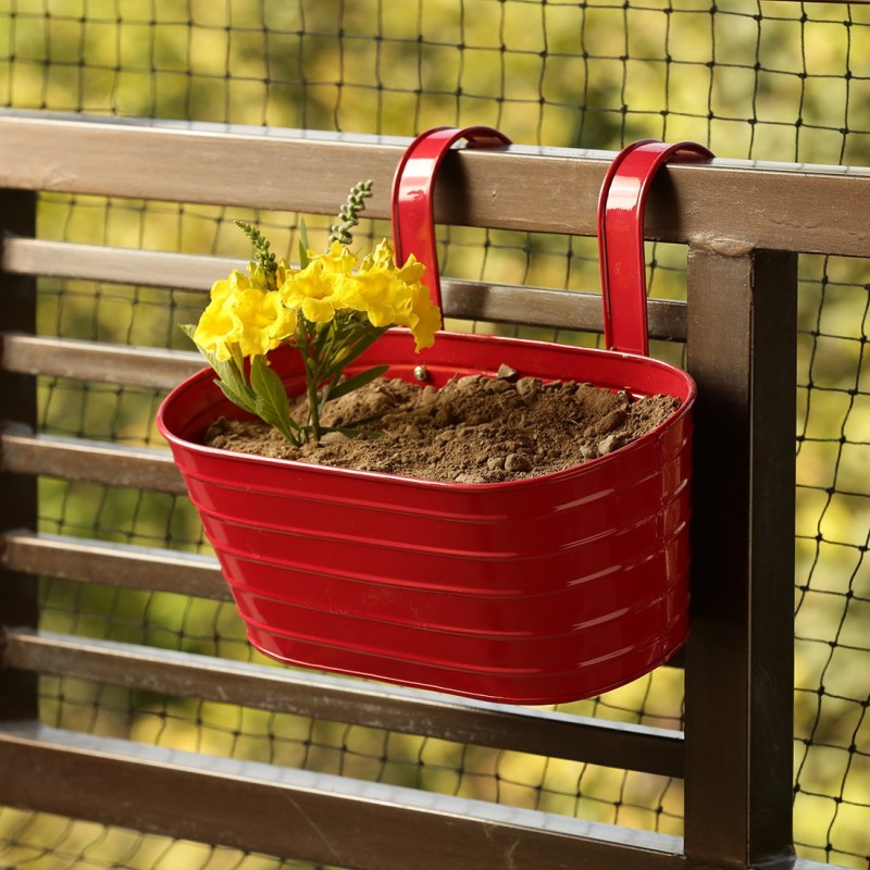 ExclusiveLane 'Glossy Red' Hand-Painted Metal Railing Cum Table Planter Pot Plant Container Set(Metal)