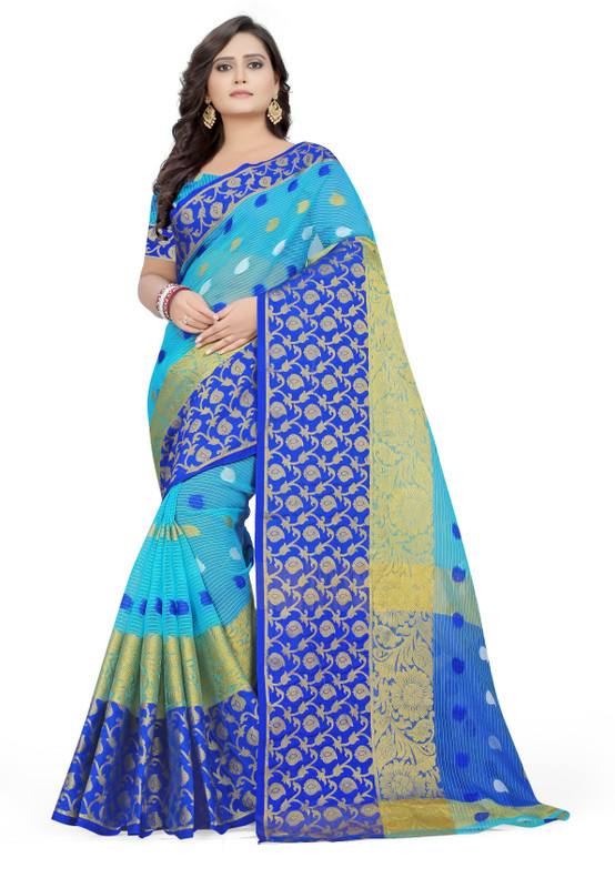 surti funda Woven Tant Cotton Blend Saree(Light Blue)