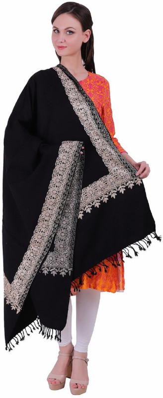 kashmiri shawl Wool Embroidered Women Shawl(Black)