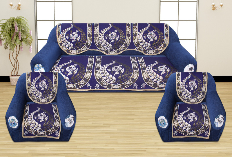 anticca Velvet, Cotton Sofa Cover(Blue, Silver Pack of 10)