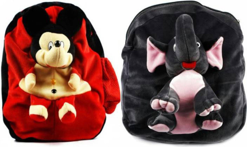 himleyars CUTE MICKEY & ELEPHANT SOFT TOY PLUSH SCHOOL BAG FOR KIDS - 14 inch  - 12 cm(Red, Gery)