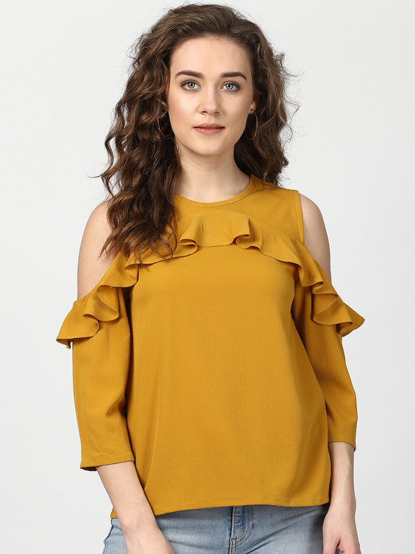 retrovis Casual Cold Shoulder Solid Women Yellow Top