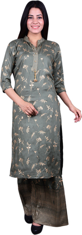 anki fashion Women Printed Straight Kurta(Grey)