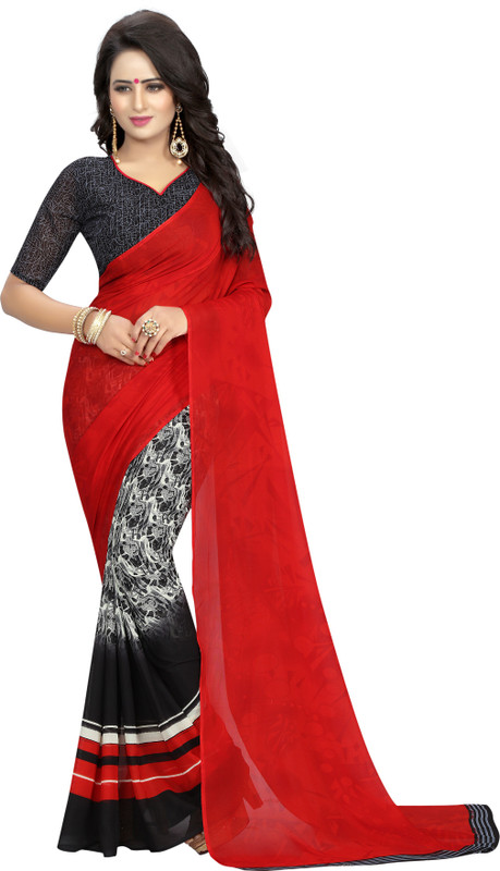 nakarani Printed Daily Wear Poly Georgette Saree(Red, Black)