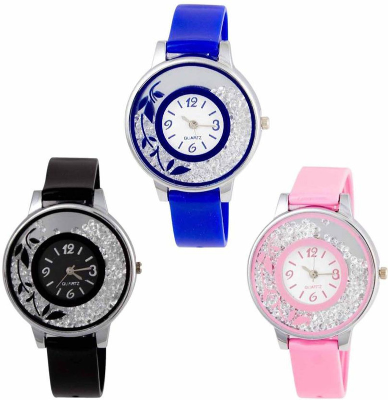 parish clerk 547Blak Blue Pink-189 Print Dial Movable Diamond PU Strap Analouge Women And Girls Analog Watch  - For Women