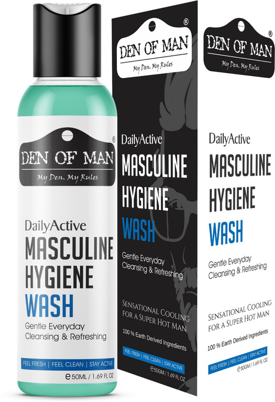 den of man DailyActive Masculine Hygiene Wash | 50GM | Fortified With Bliss of Earth Witch Hazel, Tea Tree Essential Oil & 99% Aloe Vera Gel | Complete Hygiene Care For Men | Daily Cooling & Refreshing |(50 g)