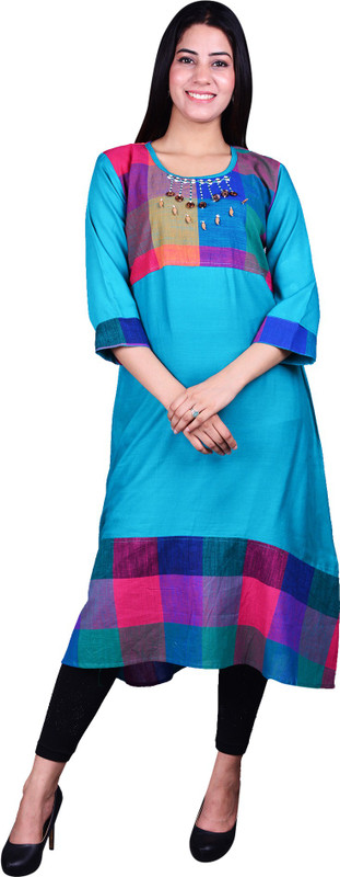 anki fashion Women Checkered A-line Kurta(Multicolor, Light Blue)
