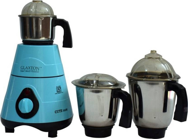 GLAXTON 550 W Heavy Duty Copper Motor 550 W (BLUE) 100 % COPPER MOTOR, HEAVY GAUGE SS JARS WITH 550 Mixer Grinder(Blue, 3 Jars)