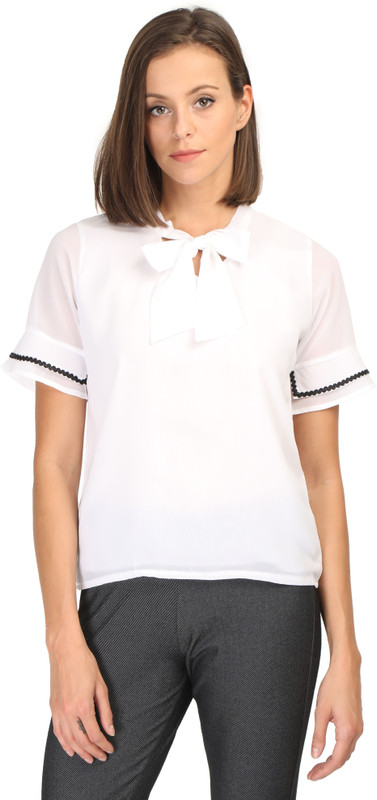 LAYA Casual Half Sleeve Solid Women Silver Top