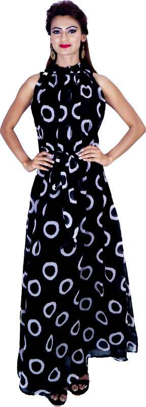 deltin Women Maxi White, Black Dress