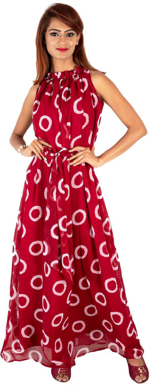 deltin Women Maxi Red, White Dress