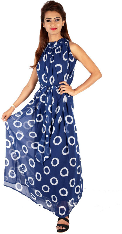 deltin Women Maxi White, Blue Dress