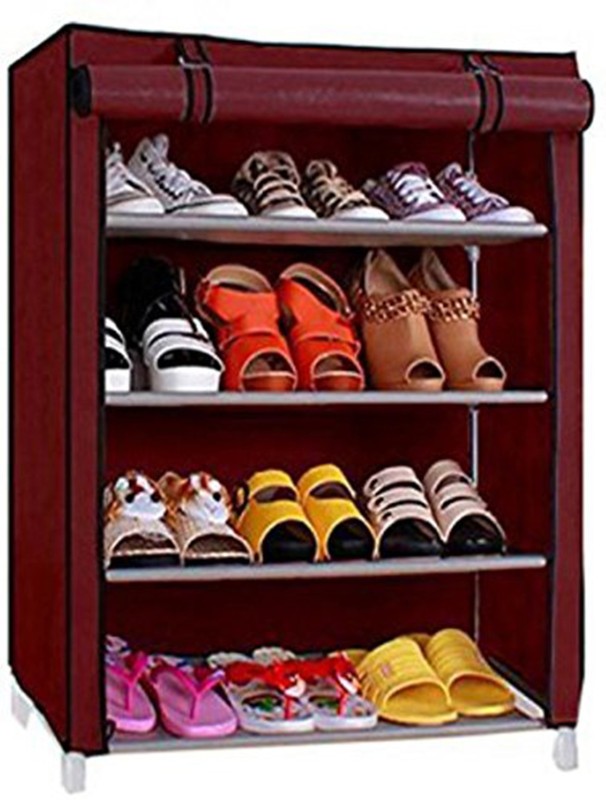 Sasimo 1-Door 4-Shelf Fabric Metal Collapsible Shoe Stand(Maroon, 4 Shelves)