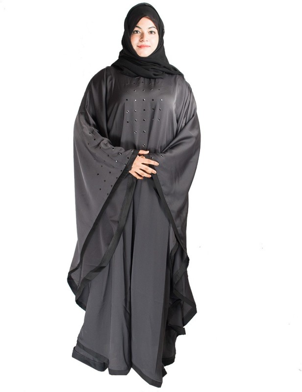 Modest City MODEST_ABAYA_000418 Nida High Quality Burqa Kaftaan Solid Abaya With Hijab(Grey)