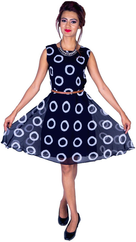 deltin Women Fit and Flare White, Black Dress
