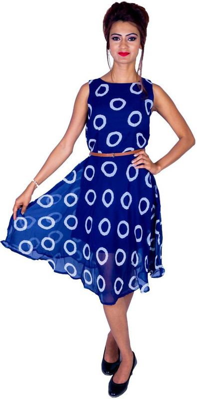 deltin Women Fit and Flare White, Black Dress