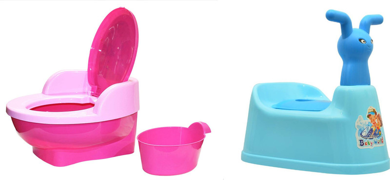 Nabhya Combo Of 2 Baby Toilet Training Potty Seat with Upper Closing Lid Removable Bowl Potty Seat And Cartoon Face with Removable Tray & Closing Lid(Pack of 2) Potty Seat(Blue, Pink)