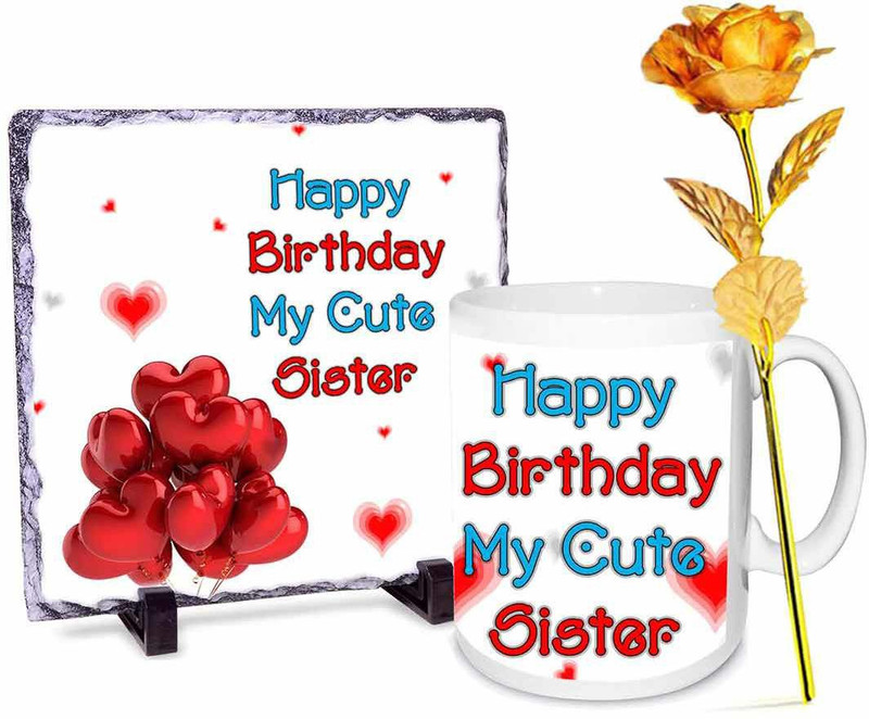 alwaysgift Happy Birthday Sister Stone tile - Mug & Golden Rose Combo(Set of 3)