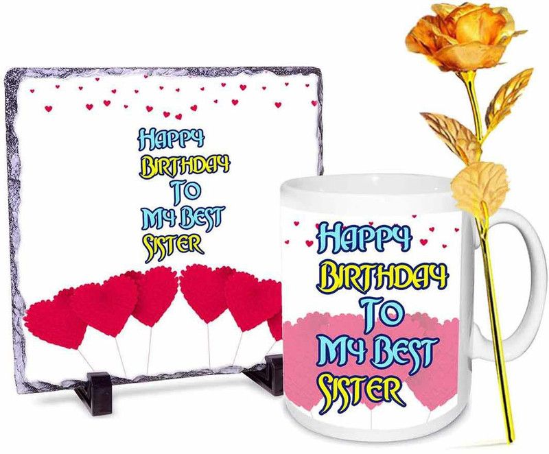 alwaysgift Best Sister Ever Stone tile - Mug & Golden Rose Combo(Set of 3)