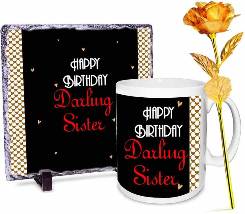 alwaysgift Happy Birthday Sister Stone tile - Mug & Golden Rose Combo(Set of 3)
