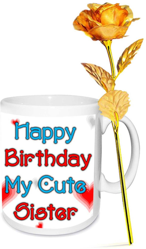 alwaysgift Happy Birthday Sister Mug & Golden Rose Combo(Set of 2)