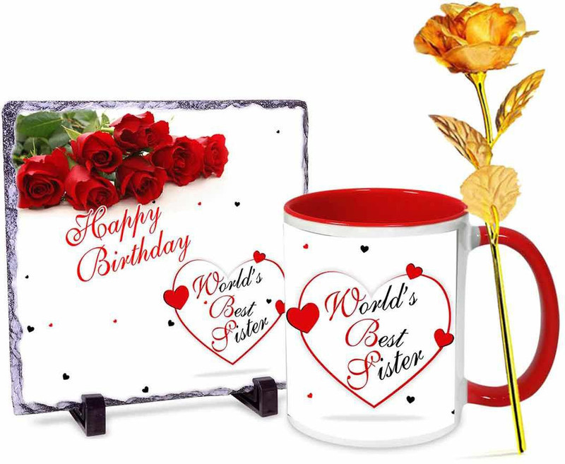 alwaysgift Happy Birthday Sister Stone tile - Mug & Golden Rose Combo(Set of 3)