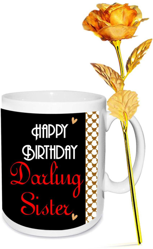 alwaysgift Happy Birthday Sister Mug & Golden Rose Combo(Set of 2)