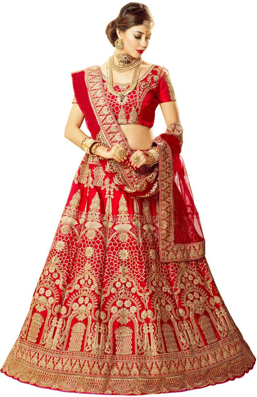 aadhiya impex Embroidered Semi Stitched Lehenga, Choli and Dupatta Set(Red)