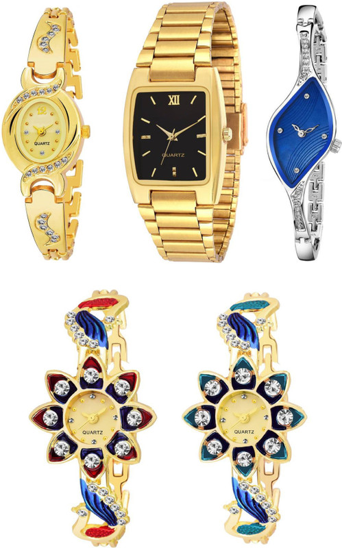 leaperd Combo Of Five Multicolour Dial And Metal ~Leather Strap Party~Wedding Designer KK~11 Women And Girls Analog Watch  - For Women
