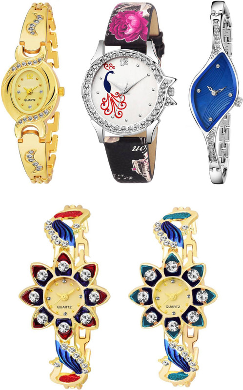 leaperd Combo Of Five Multicolour Dial And Metal ~Leather Strap Party~Wedding Designer KK~18 Women And Girls Analog Watch  - For Women