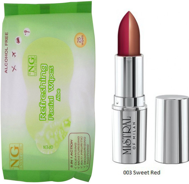 mistral of milan Dual Tone Lipstick sweet red 03 with facil wipes ( 25 pcs )(Set of 2)
