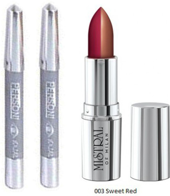 mistral of milan Dual Tone Lipstick peachy seewt red 003 with parsoni kajal 2 pcs(Set of 3)